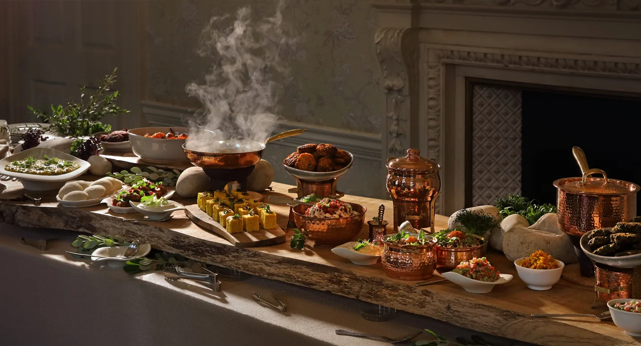 Dosha food styled across a wooden table.